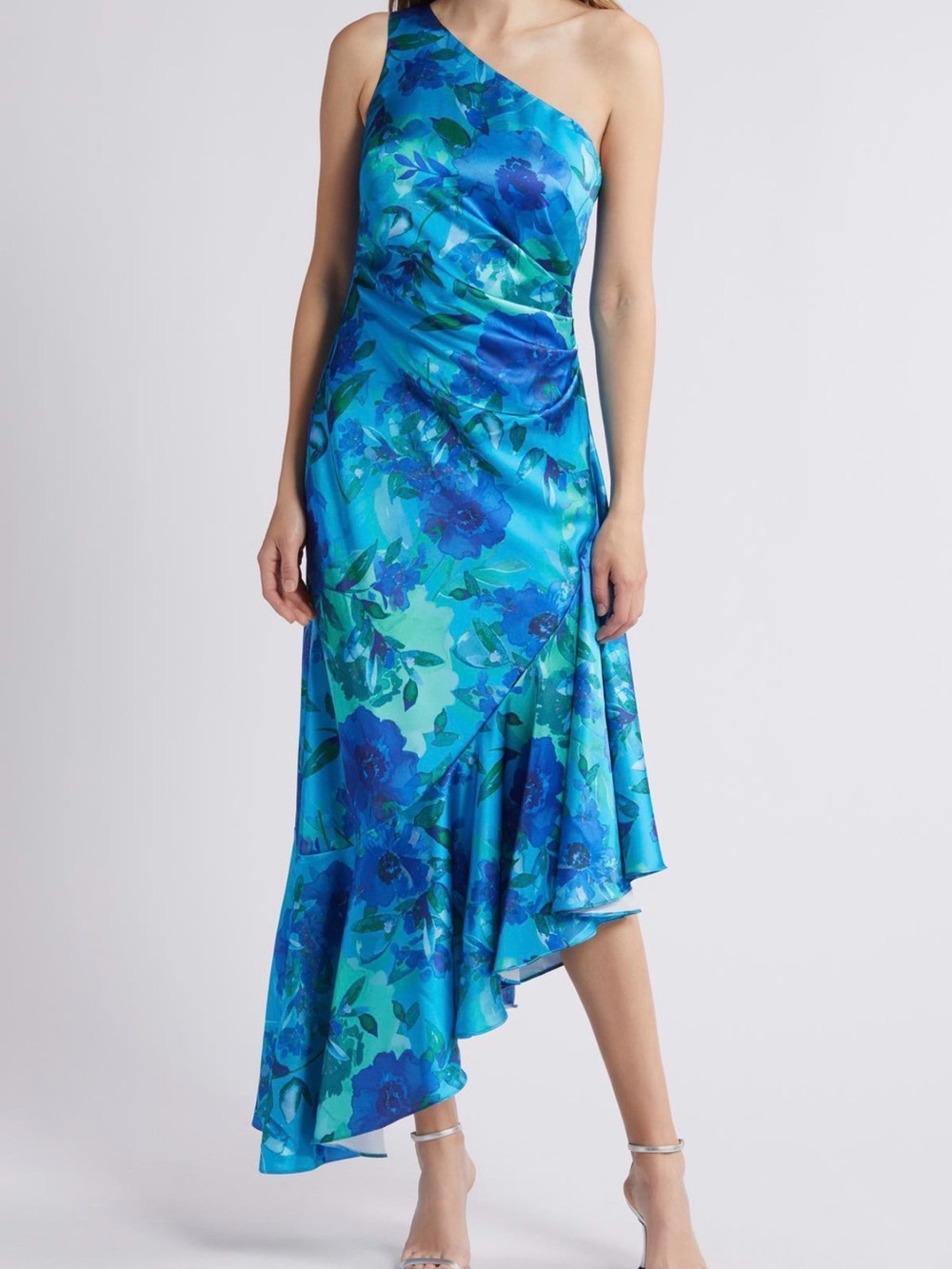 Eliza J Turquoise and Royal Blue One-Shoulder Floral Dress